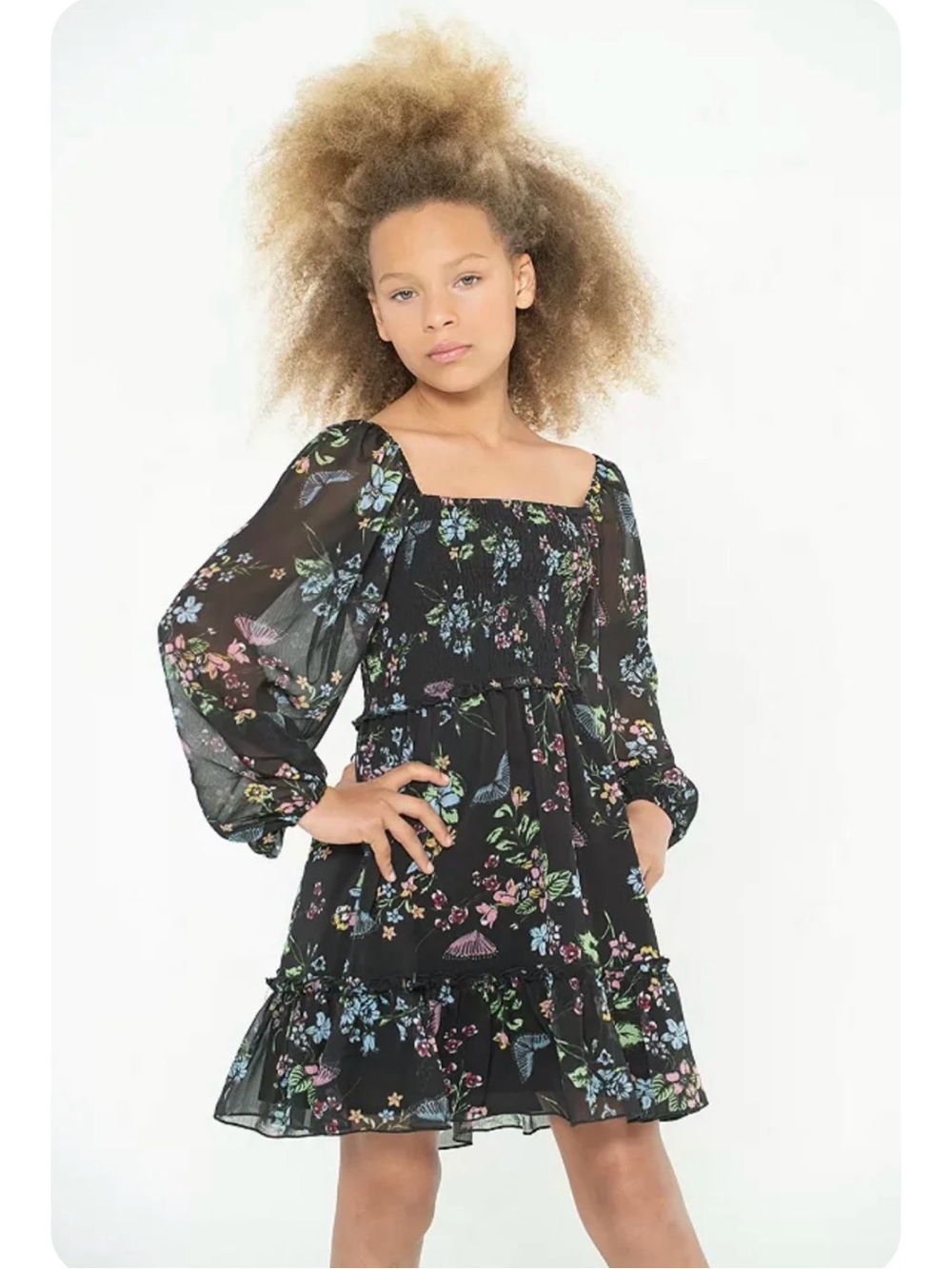 Katie J NYC Molly dress Black Floral Smocked Puff-long Sleeve medium seen on tv